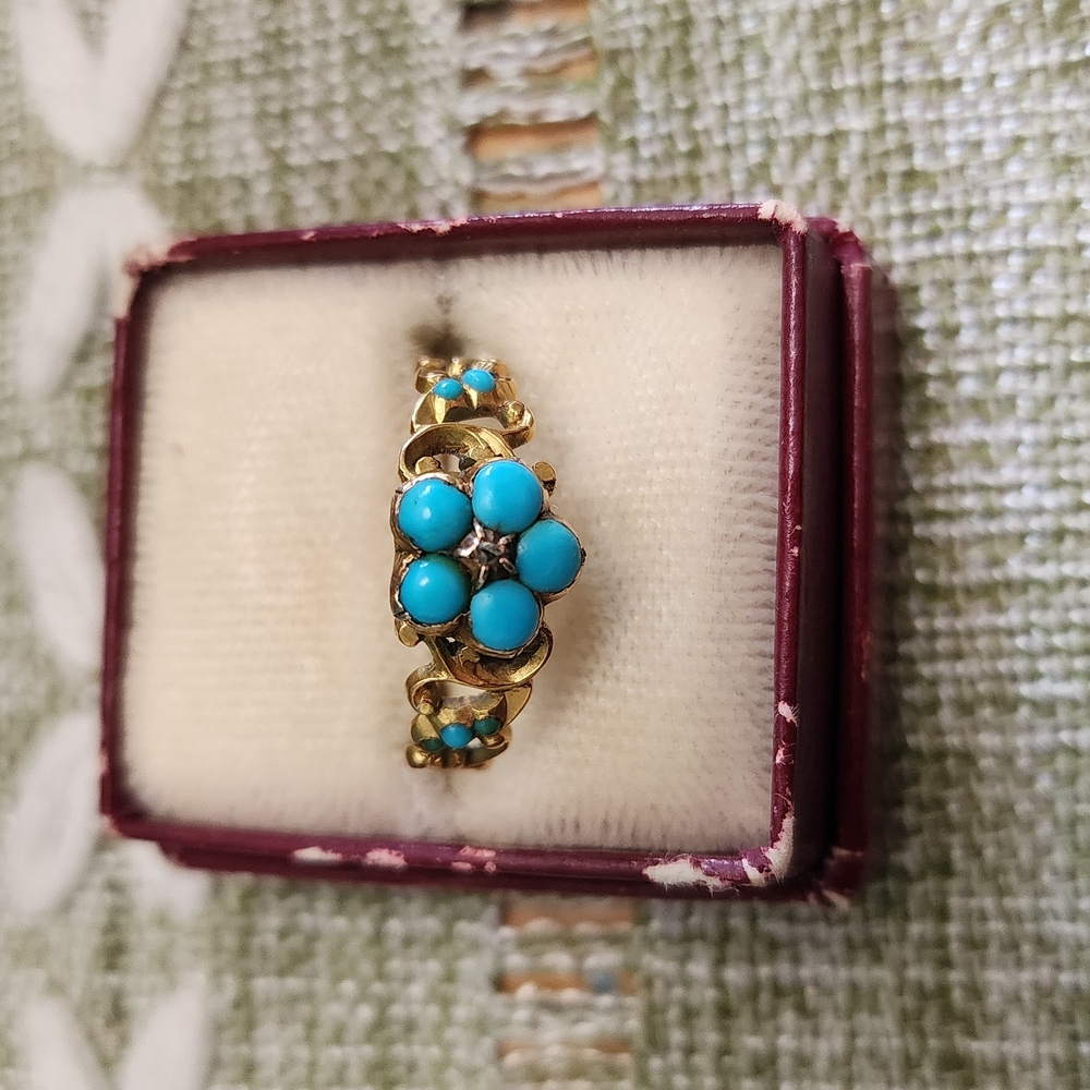 Antique Early Victorian 9ct Gold Turquoise & Diamond Pansy Ring